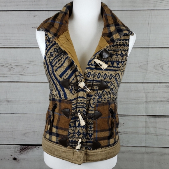 Da Nang• xs knit wool blend vest toggle closure hood plaid tribal - Picture 7 of 11
